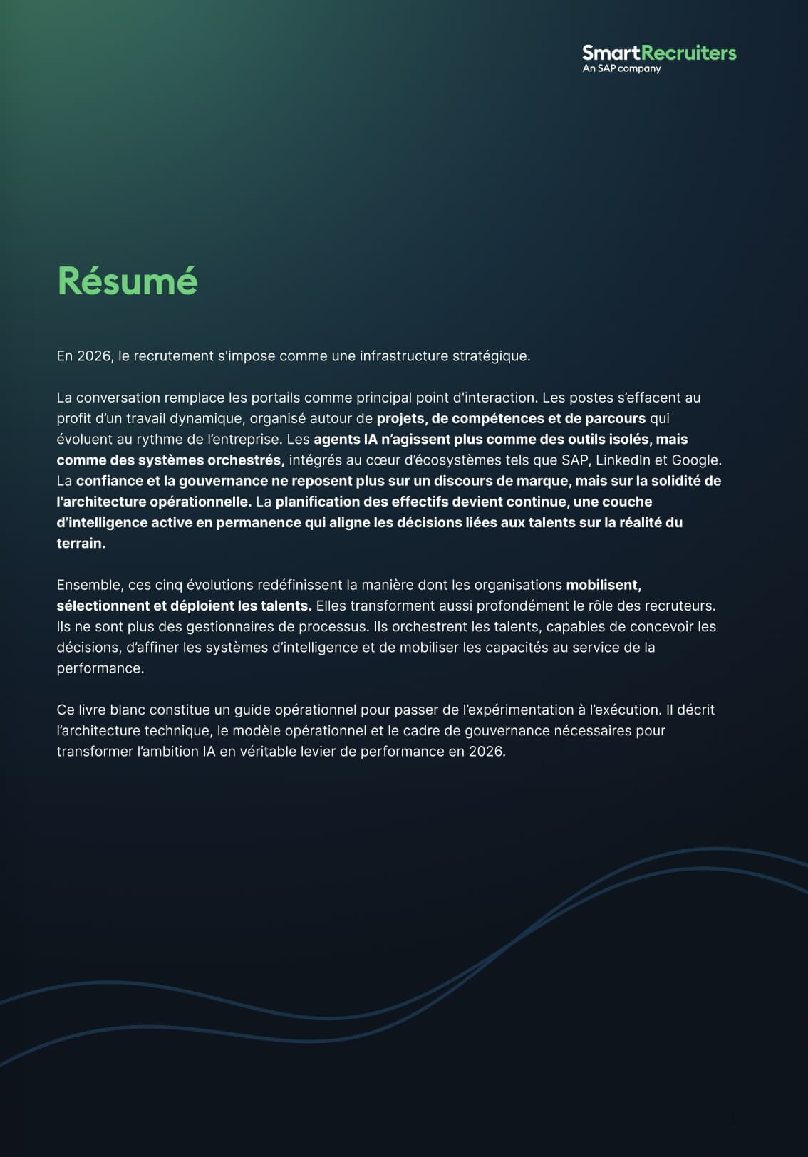 Résumé page on a dark green-to-navy gradient cover with SmartRecruiters logo and French text intro about recruitment in 2026 (cover of a document)./n